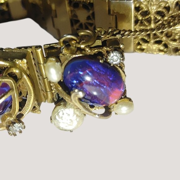 Vintage Bracelet Dragon Breathe Stones Faux Pearls Rhinestone Ornate Filigree - Picture 8 of 16